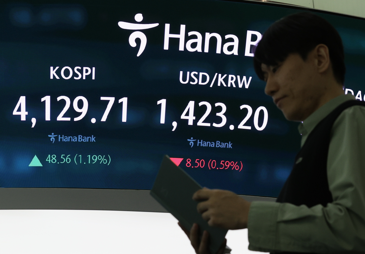 An electronic board showing the Korea Composite Stock Price Index at a dealing room of the Hana Bank headquarters in Seoul on Thursday. (Yonhap)