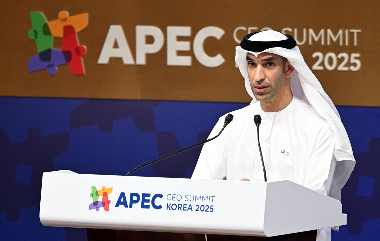 United Arab Emirates Minister of State for Foreign Trade Thani bin Ahmed Al Zeyoudi speaks during the APEC CEO Summit at the Gyeongju Arts Center in North Gyeongsang Province on Thursday. (Im Se-jun/The Korea Herald)