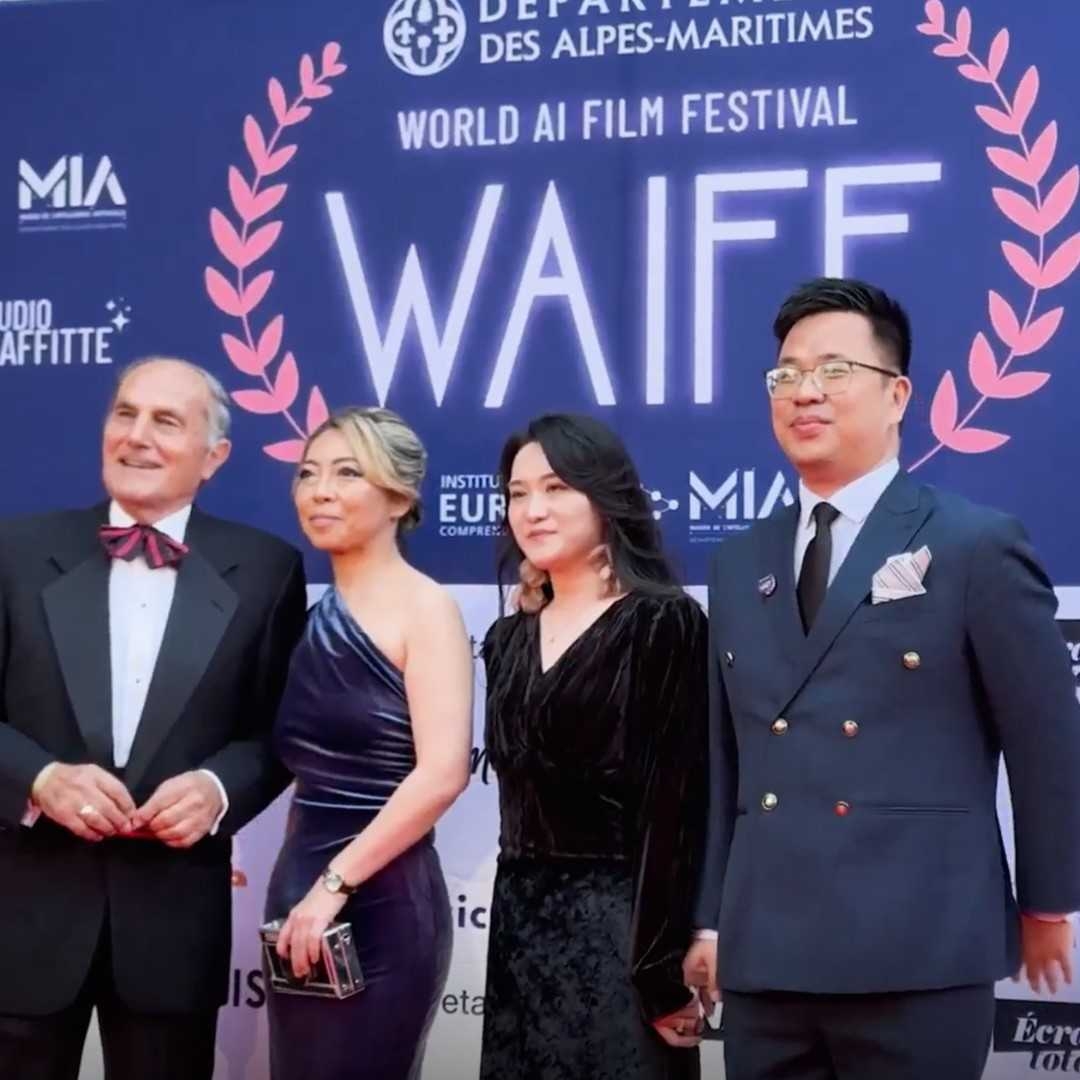 Marco Landi (left), president of Institut EuropIA and founder of WAIFF, poses with guests at the inaugural WAIFF event in Nice, France, in April. (Vision Culture)