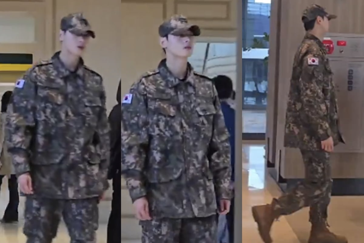 Screenshots from a viral video show Astro’s Cha Eun-woo, who is currently serving in the military, walking through a hotel in Gyeongju where an APEC event was held Friday. (X)