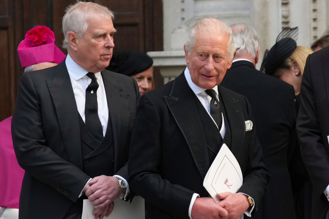 Britain's Prince Andrew (left) and Britain's King Charles III leave after the Requiem Mass service for the Duchess of Kent at Westminster Cathedral in London on Sept. 16. (AP-Yonhap