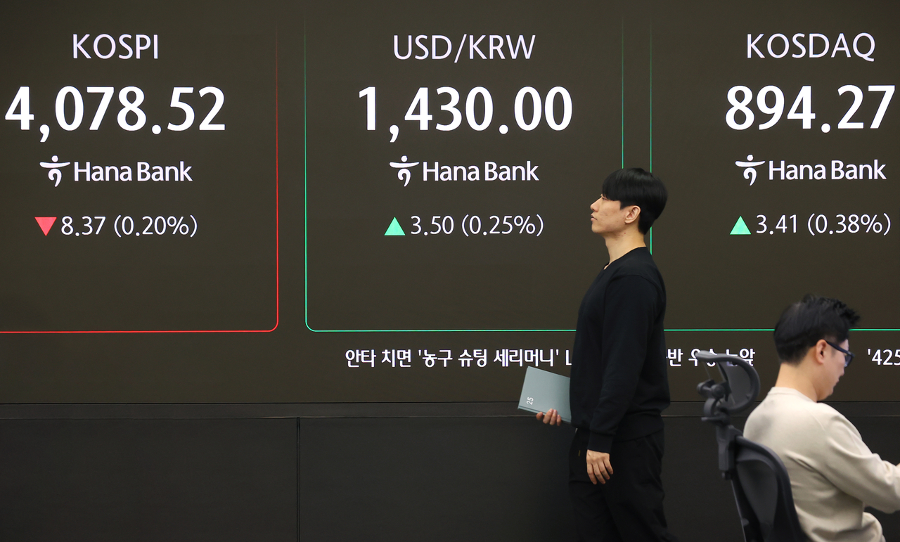 An electronic board showing the Korea Composite Stock Price Index at a dealing room of the Hana Bank headquarters in Seoul on Friday. (Yonhap)