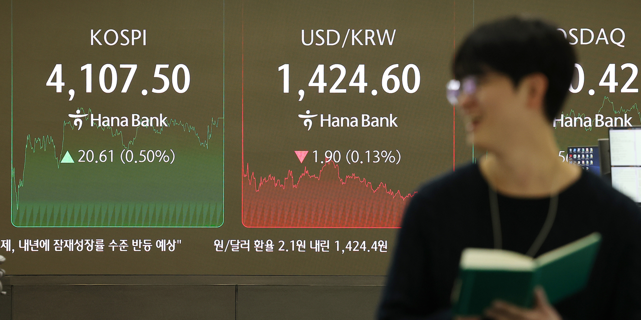 An electronic board showing the Korea Composite Stock Price Index at a dealing room of the Hana Bank headquarters in Seoul on Friday. (Yonhap)