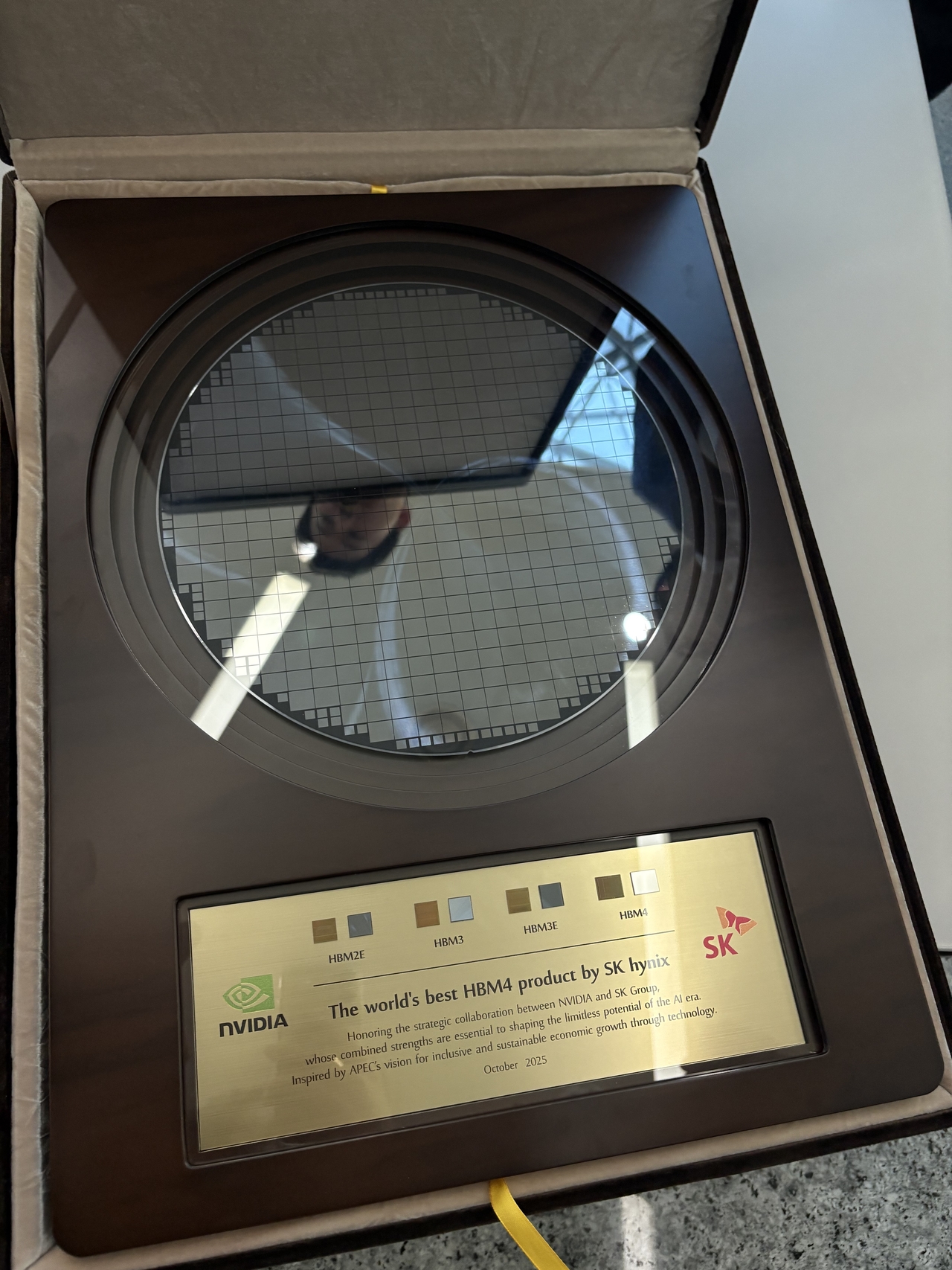 SK hynix's semiconductor wafer gifted by SK Group Chair Chey Tae-won to Nvidia CEO Jensen Huang (Ahn Sung-mi/The Korea Herald)