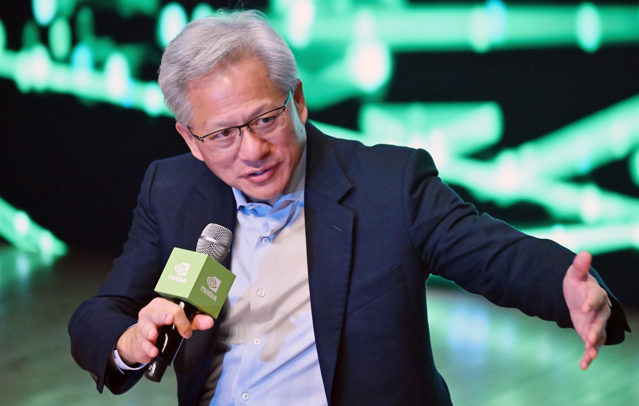 Nvidia CEO Jensen Huang speaks at a press conference in Gyeongju, North Gyeongsang Province, Friday. (Im Se-jun/The Korea Herald)