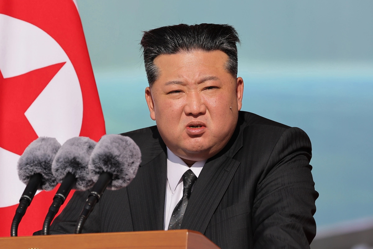 North Korean leader Kim Jong-un speaks at an arms exhibition in Pyongyang on Oct. 4. (KCNA via Yonhap)