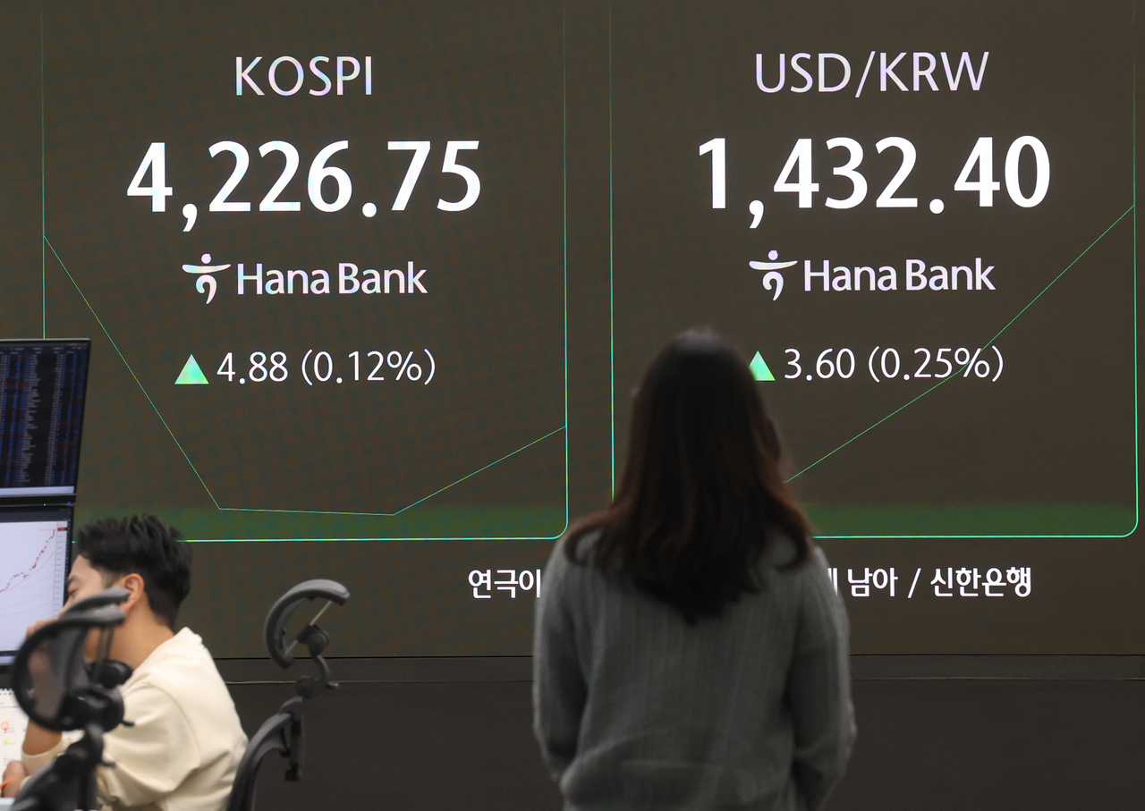 An electronic board showing the Korea Composite Stock Price Index at a dealing room of the Hana Bank headquarters in Seoul on Tuesday. (Yonhap)