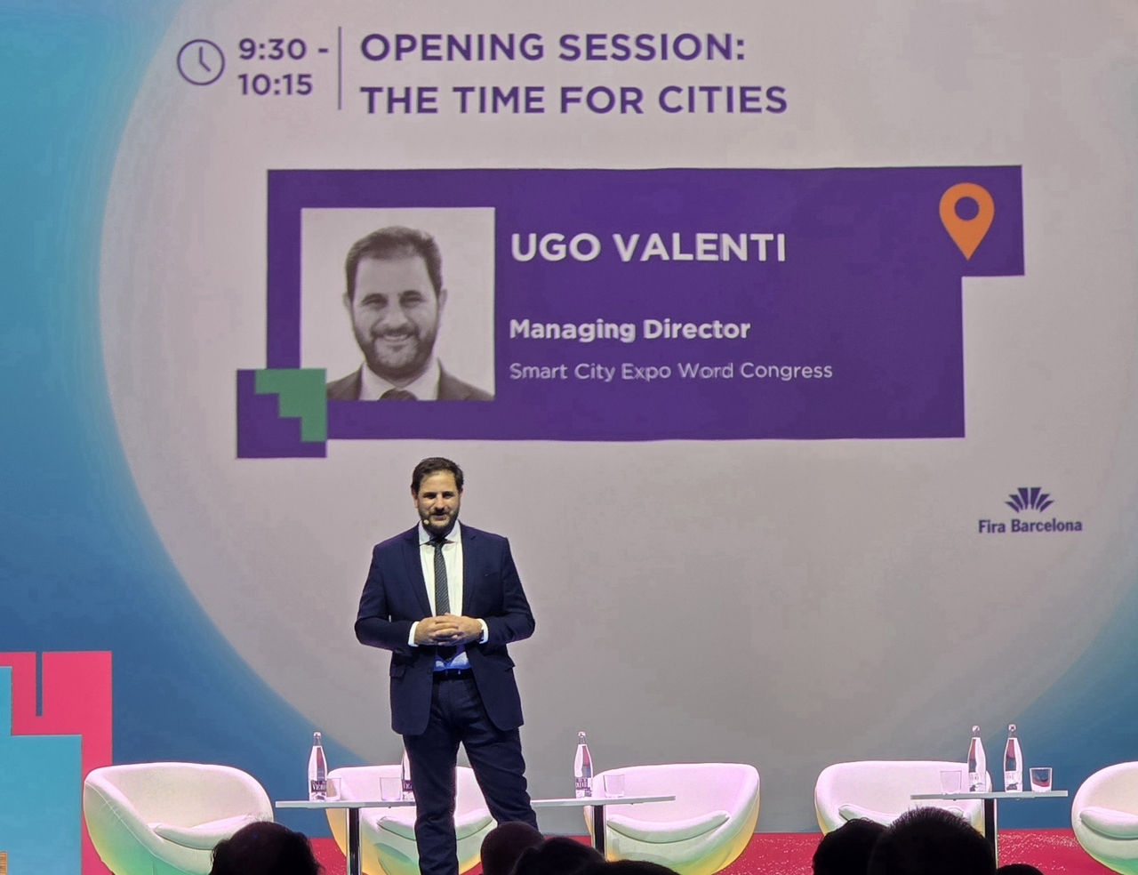 Ugo Valenti, managing director of the Smart City Expo World Congress, delivers a keynote speech at the Smart City Expo World Congress at Fira Barcelona Gran Via, in Barcelona, Spain, Tuesday. (Jie Ye-eun/The Korea Herald)