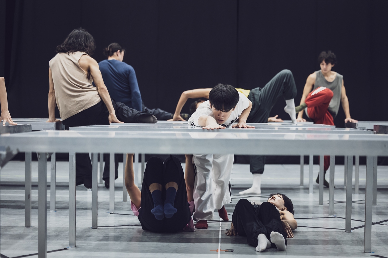 Dancers rehearse "One Flat Thing, Reproduced." (Korea National Contemporary Dance Company)