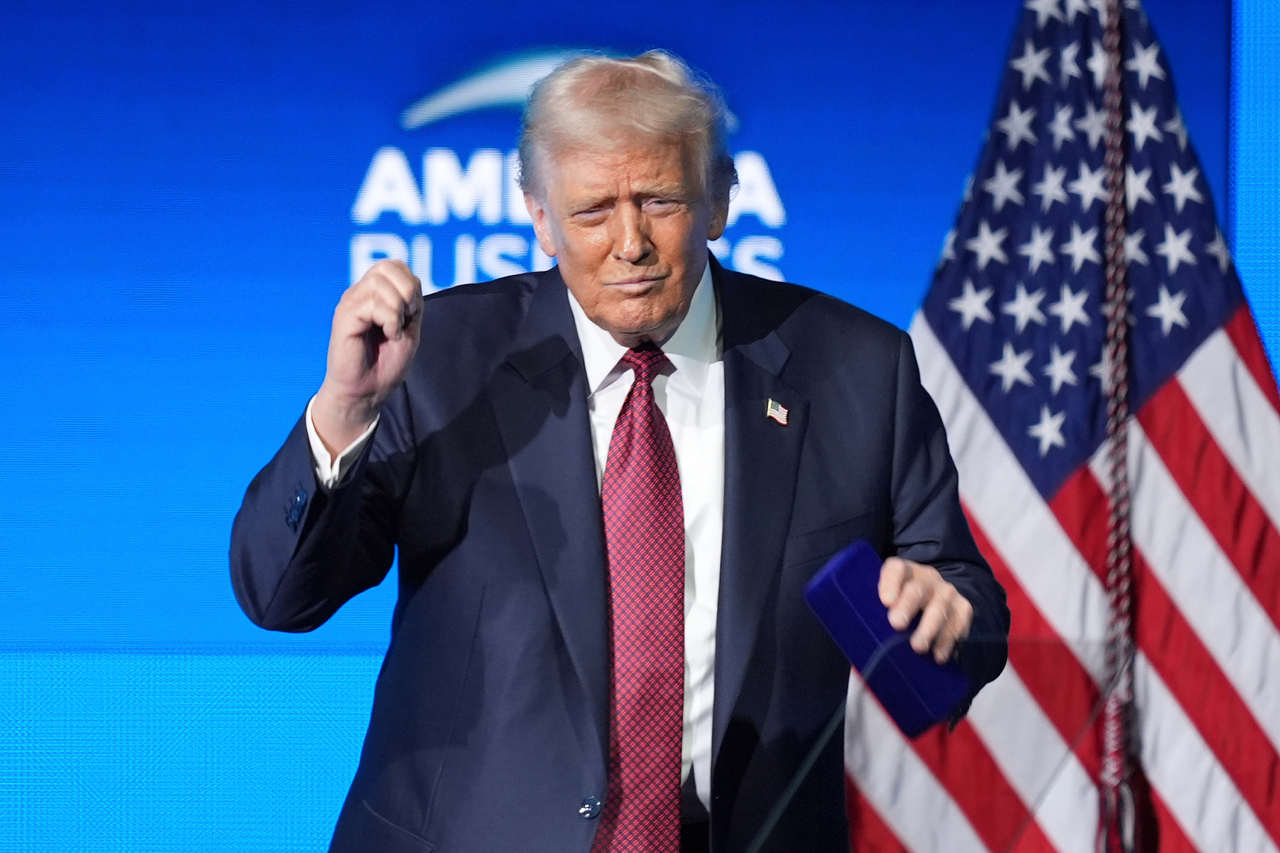 US President Donald Trump is on stage at a forum in Miami, Wednesday. (AP-Yonhap)