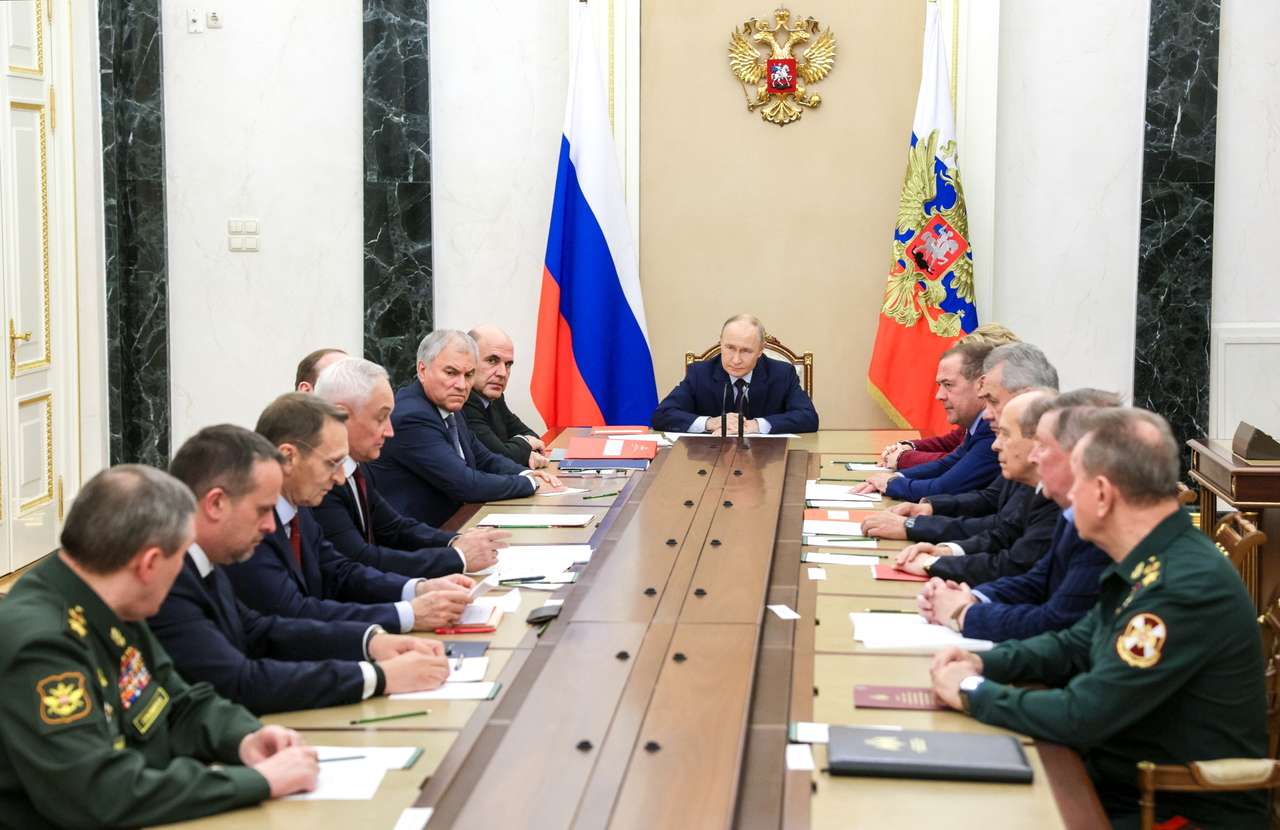 Russian President Vladimir Putin attends a meeting with members of the Security Council at the Kremlin in Moscow, Wednesday. (EPA-Yonhap)