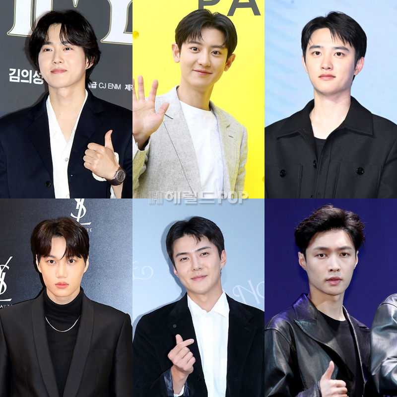 (왼쪽 위부터)수호, 찬열, 디오, 카이, 세훈, 레이/사진=헤럴드POP DB