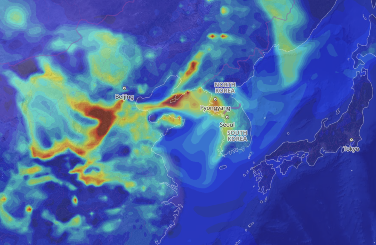 A satellite-based air quality map shows a dense band of fine dust moving eastward from northern China toward the Korean Peninsula on Friday. (National Institute of Environmental Research )