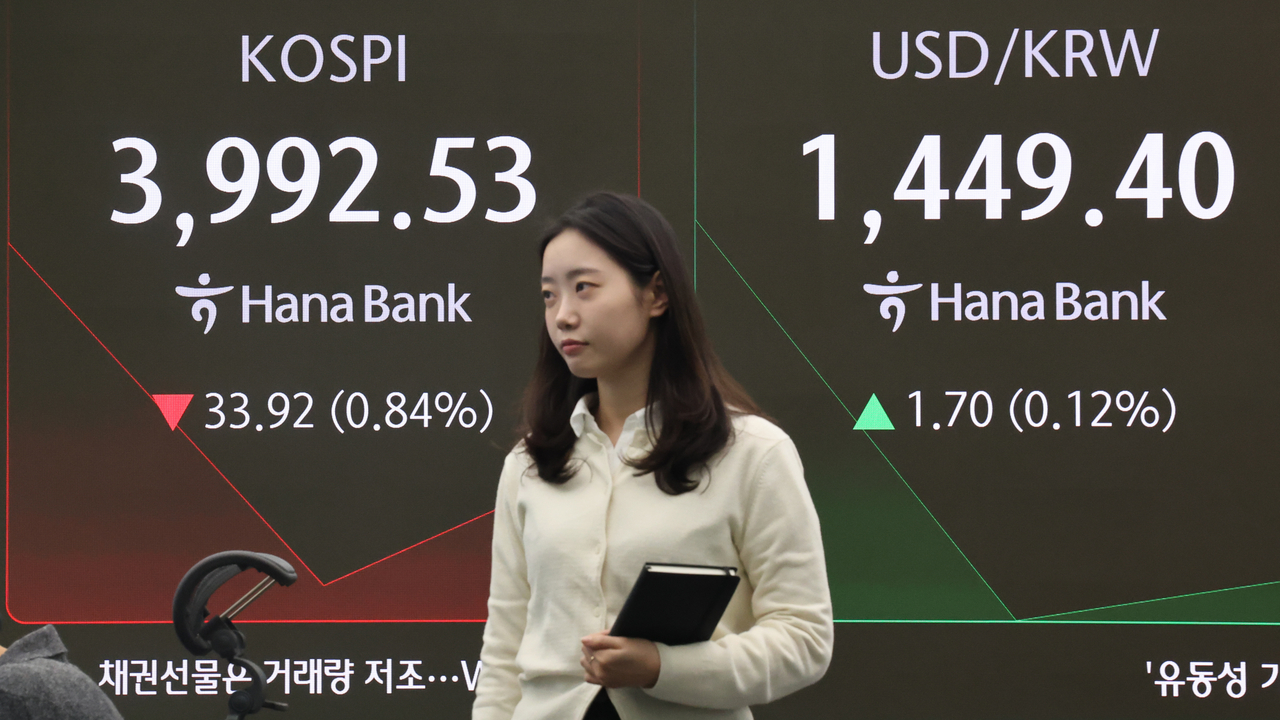 An electronic board showing the Korea Composite Stock Price Index at a dealing room of the Hana Bank headquarters in Seoul on Friday. (Yonhap)