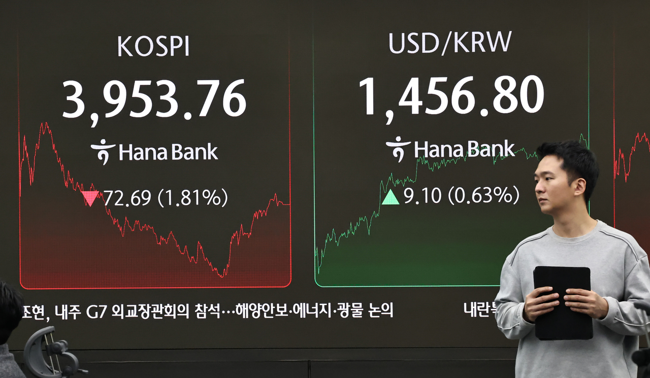 An electronic board showing the Korea Composite Stock Price Index at a dealing room of the Hana Bank headquarters in Seoul on Friday. (Yonhap)