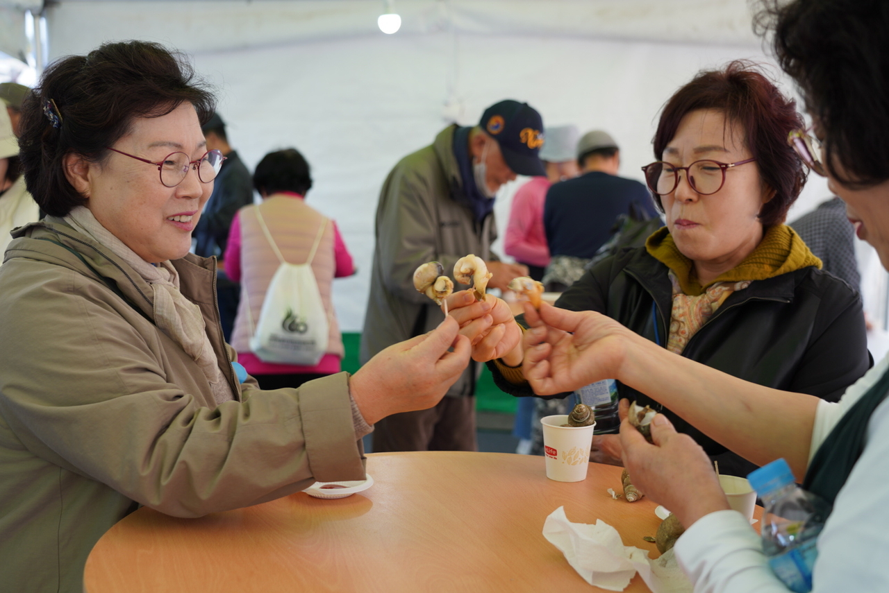 죽변항 수산물축제에서 무료 골뱅이 시식회에서 관광객들이 골뱅이를 시식하고 있다.[울진군제공]