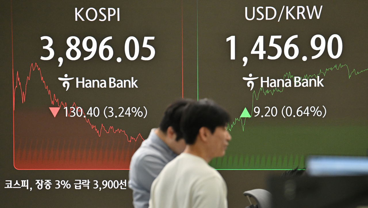 코스피는 7일 장중 3900선이 붕괴됐다. 코스피가 3900선 밑으로 거래된 것은 지난 10월 23일 이후 11거래일만의 일이다. 이날 오후 서울 중구 하나은행 딜링룸 전광판에 코스피 지수가 1시 55분 기준 코스피 지수가 전 거래일 보다 130.40포인트 하락한 3896.05포인트를 나타내고 있다. 원·달러 환율은 1456.90원이다. 임세준 기자