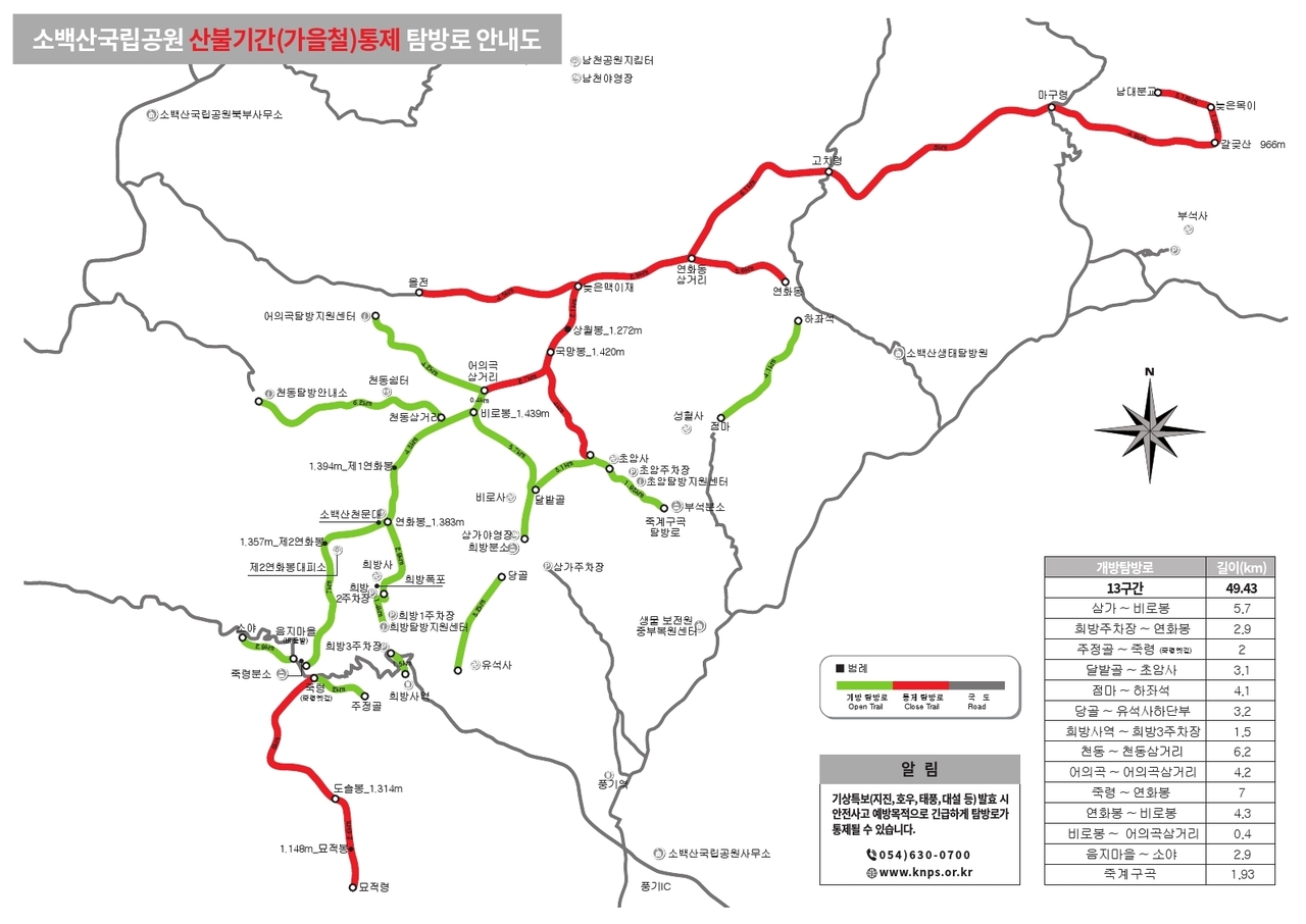통제 탐방로 안내도.[ 소백산국립공원 사무소 제공]