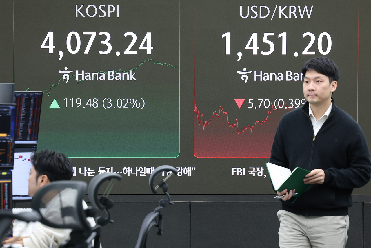 An electronic board showing the Korea Composite Stock Price Index at a dealing room of the Hana Bank headquarters in Seoul on Monday. (Yonhap)