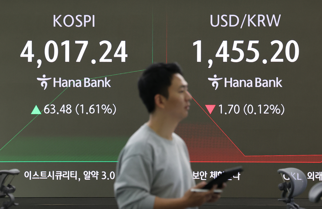 An electronic board showing the Korea Composite Stock Price Index at a dealing room of the Hana Bank headquarters in Seoul on Monday. (Yonhap)