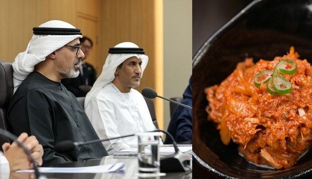 APEC 정상회의장에서 칼리드 빈 모하메드 알 냐흐얀 UAE 왕세자(왼쪽), 김치볶음 [대통령실, 게티이미지뱅크]