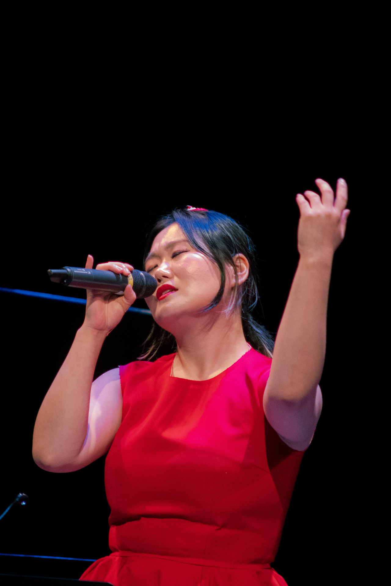 Kim Do-yeon, selected as a 2023-24 Van Lier Fellow, sings during her second lead performance at the Roulette performing arts venue in New York, May 15, 2024. (Alex Joseph)