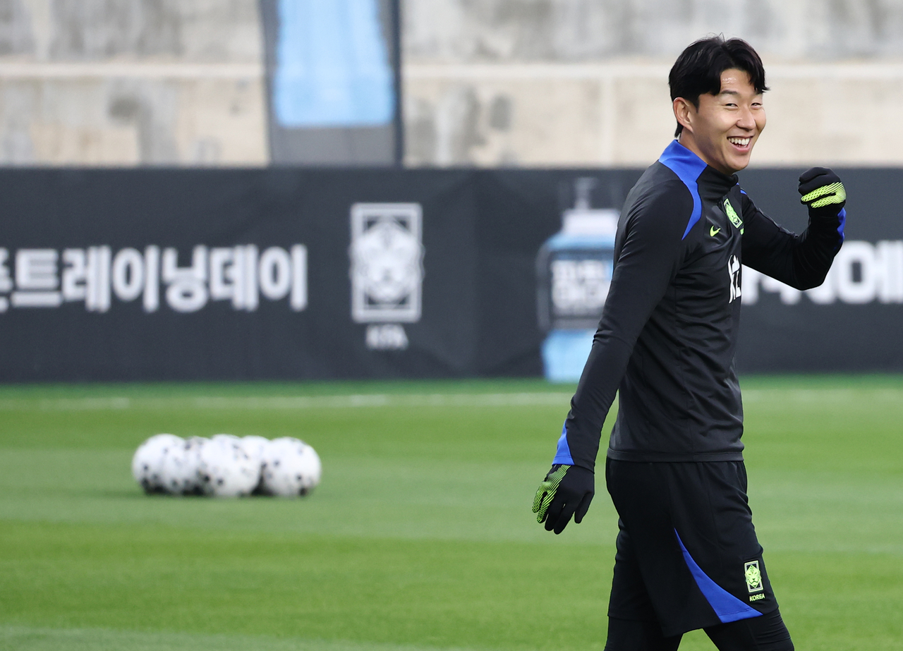 Son Heung-min, captain of the South Korean men's national football team, smiles during a training session at the National Football Center in Cheonan, South Chungcheong Province, on Tuesday. (Yonhap)