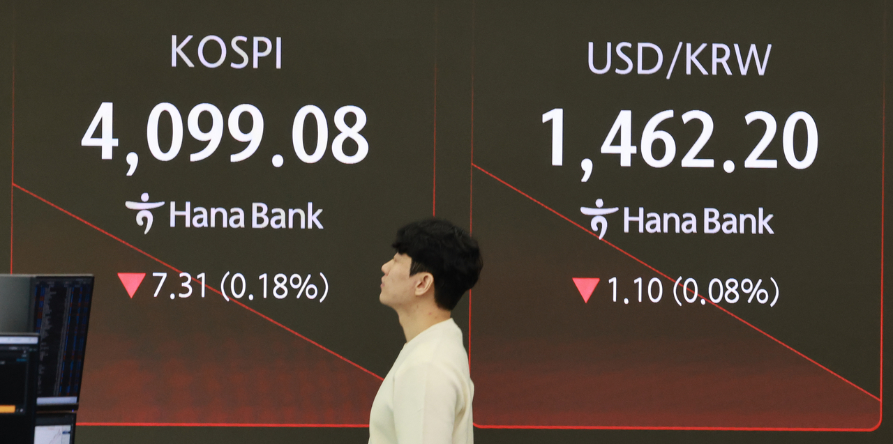 An electronic board showing the Korea Composite Stock Price Index at a dealing room of the Hana Bank headquarters in Seoul on Wednesday. (Yonhap)