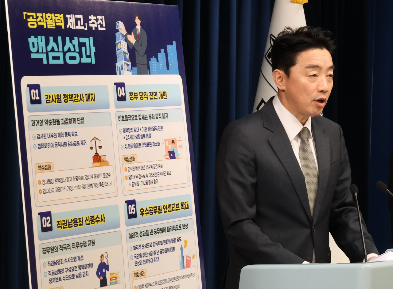 강훈식 대통령비서실장이 12일 서울 용산 대통령실 기자회견장에서 공직 활력 제고 추진 성과 및 공직 역량 강화 향후 계획 브리핑을 하고 있다. [연합]