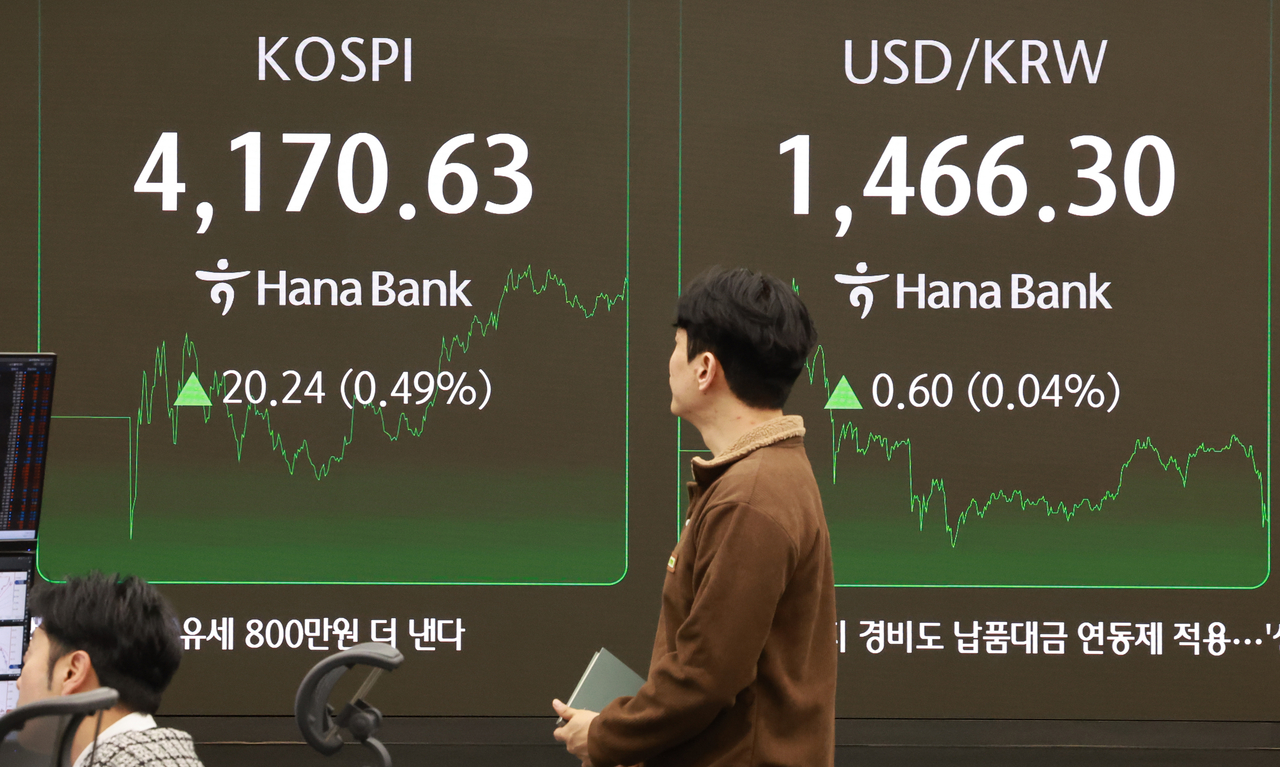An electronic board showing the Korea Composite Stock Price Index at a dealing room of the Hana Bank headquarters in Seoul on Thursday. (Yonhap)