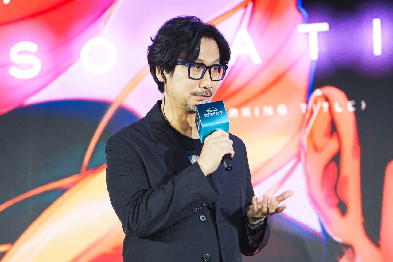 Hideo Kojima speaks during a media event held in Hong Kong, Thursday. (Disney+)
