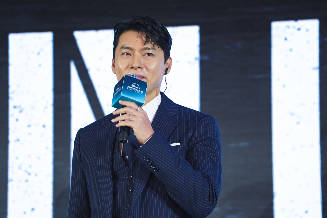 Hyun Bin speaks during a media event held in Hong Kong, Thursday. (Disney+)