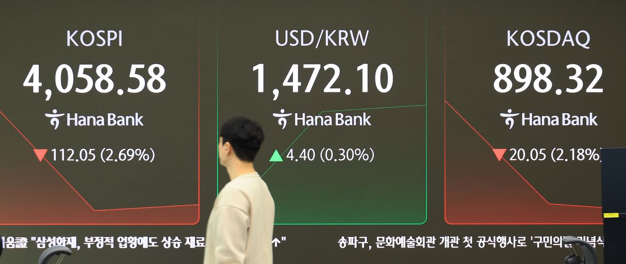 An electronic board showing the Korea Composite Stock Price Index at a dealing room of the Hana Bank headquarters in Seoul on Friday. (Yonhap)