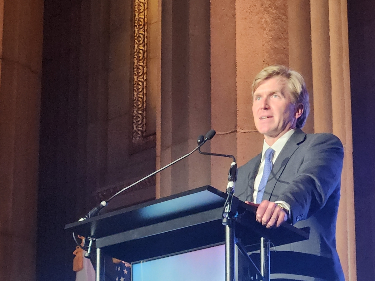 US Under Secretary of Defense for Policy Elbridge Colby speaks during an event celebrating the Korean National Day and Armed Forces Day in Washington on Friday. (Yonhap)