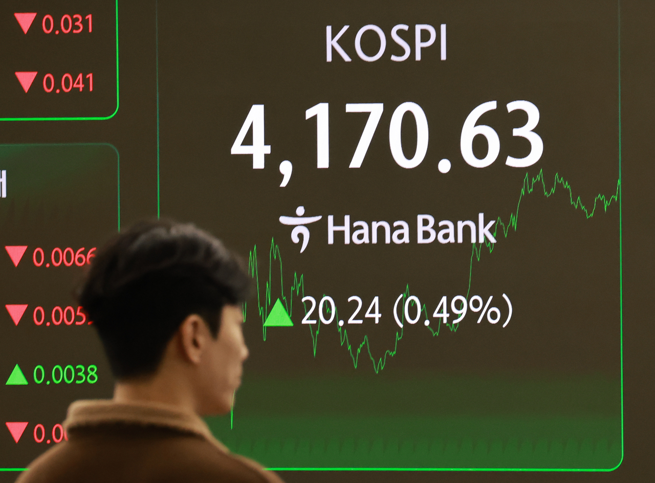 An electronic board at a Hana Bank dealing room in Seoul on Thursday shows the Kospi up 20.24 points. (Yonhap)