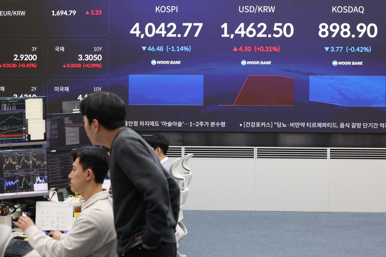 An electronic board showing the Korea Composite Stock Price Index at a dealing room of the Hana Bank headquarters in Seoul on Tuesday. (Yonhap)