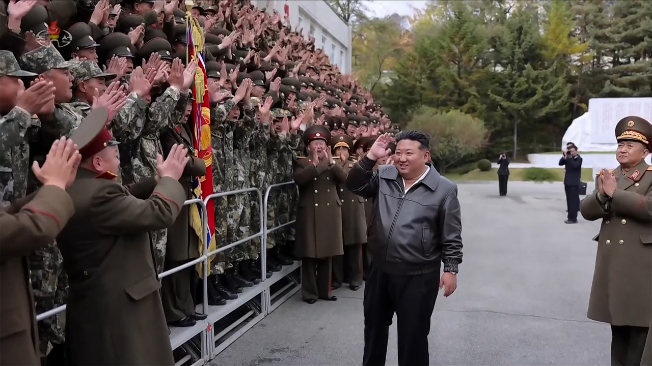 North Korean leader Kim Jong-un inspects the 11th Corps of the Korean People’s Army during his visit to the unit on Nov. 1, 2025, in footage aired by Korean Central Television the following day. (Yonhap)