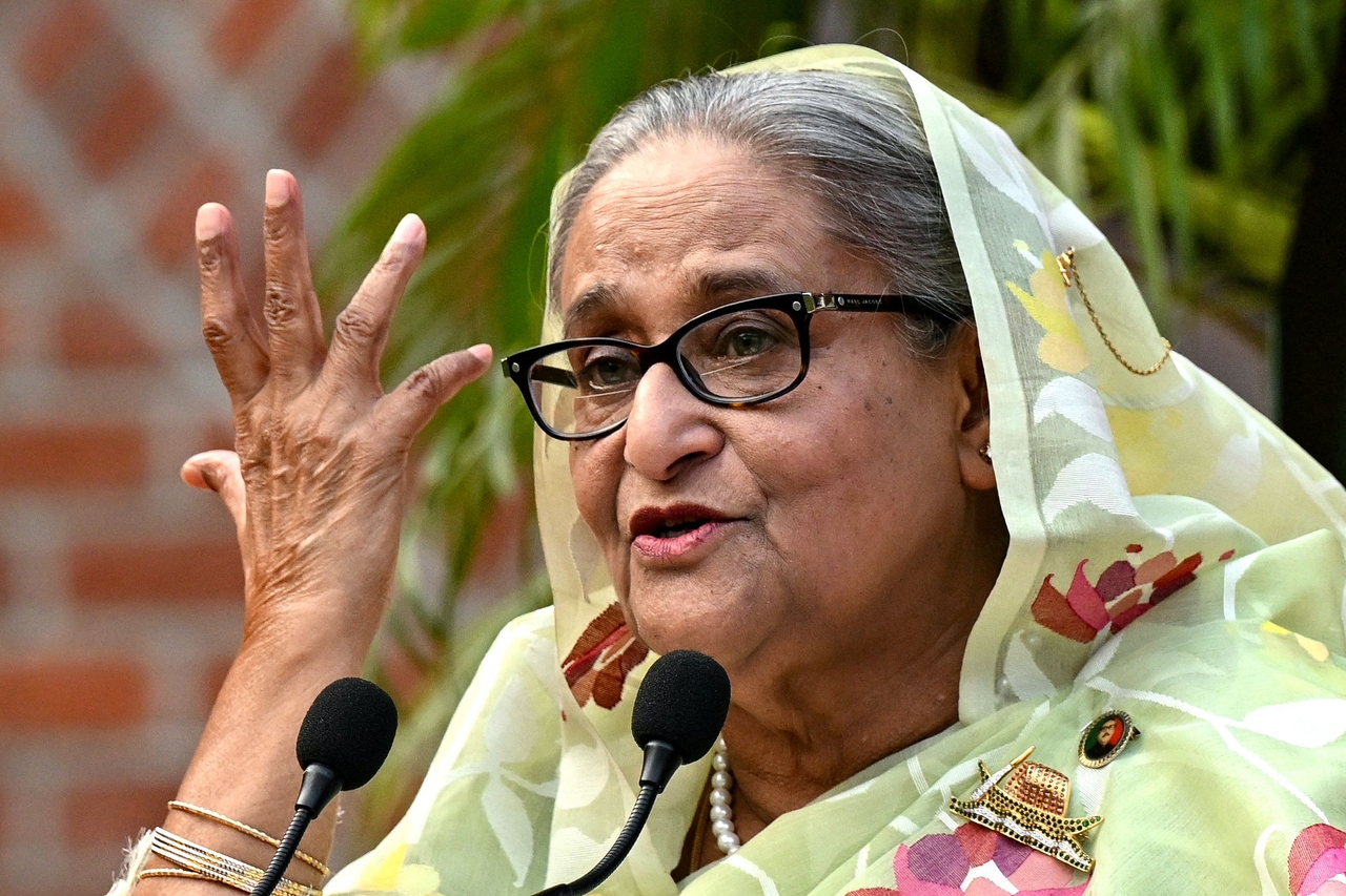 Bangladesh's then-Prime Minister Sheikh Hasina gestures while speaking to the media in Dhaka, Bangladesh, in January 2024. (AFP-Yonhap)