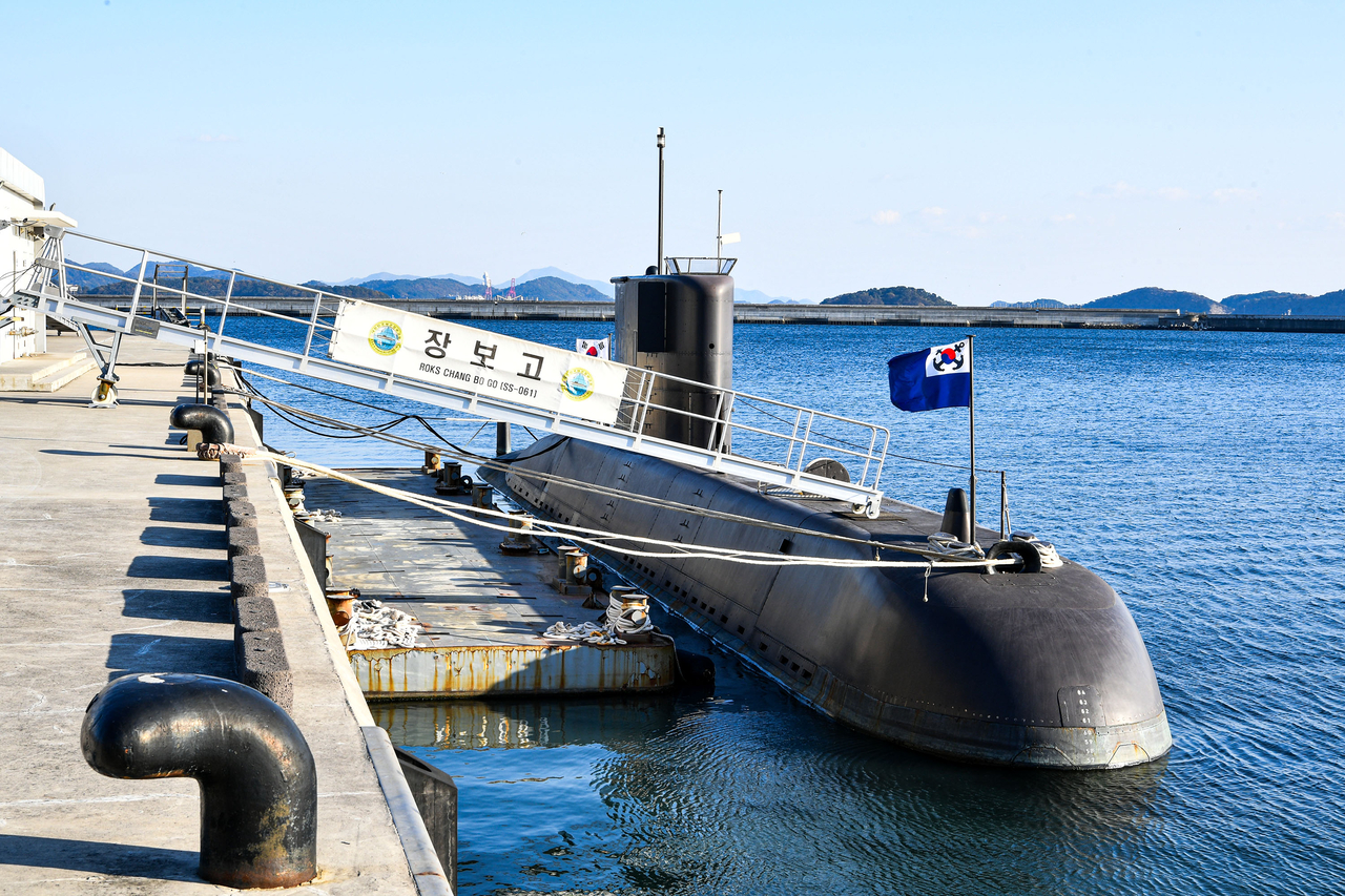 On Tuesday, the Republic of Korea Navy’s first submarine, ROKS Jang Bogo, is docked at Jinhae Naval Base ahead of its final voyage the next day. (Republic of Korea Navy)