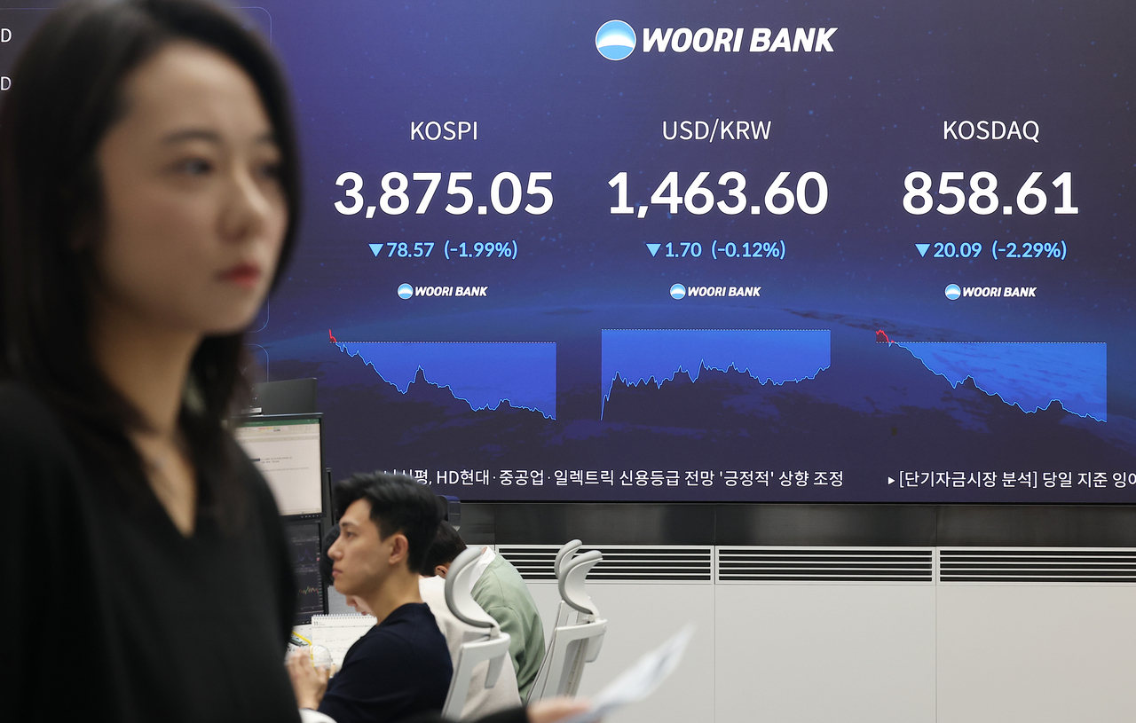 An electronic board showing the Korea Composite Stock Price Index at a dealing room of the Hana Bank headquarters in Seoul on Wednesday. (Yonhap)
