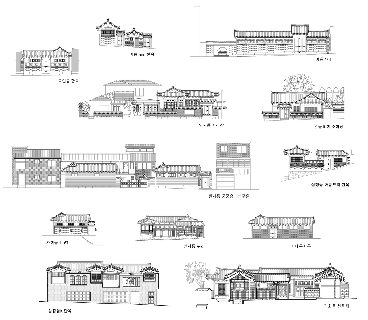 Sketches of facades of hanok built by Guga Urban Architecture (Guga Urban Architecture)
