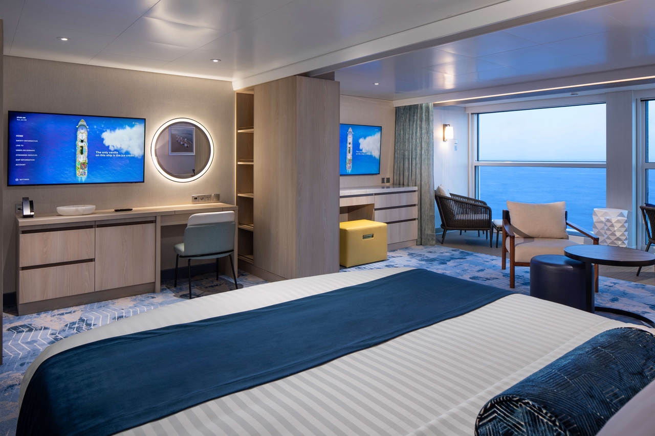 This image shows a cabin of the Star of the Seas, the world's largest cruise ship, operated by Royal Caribbean Group, equipped with the tech giant's TVs. (Samsung Electroincs Co.)
