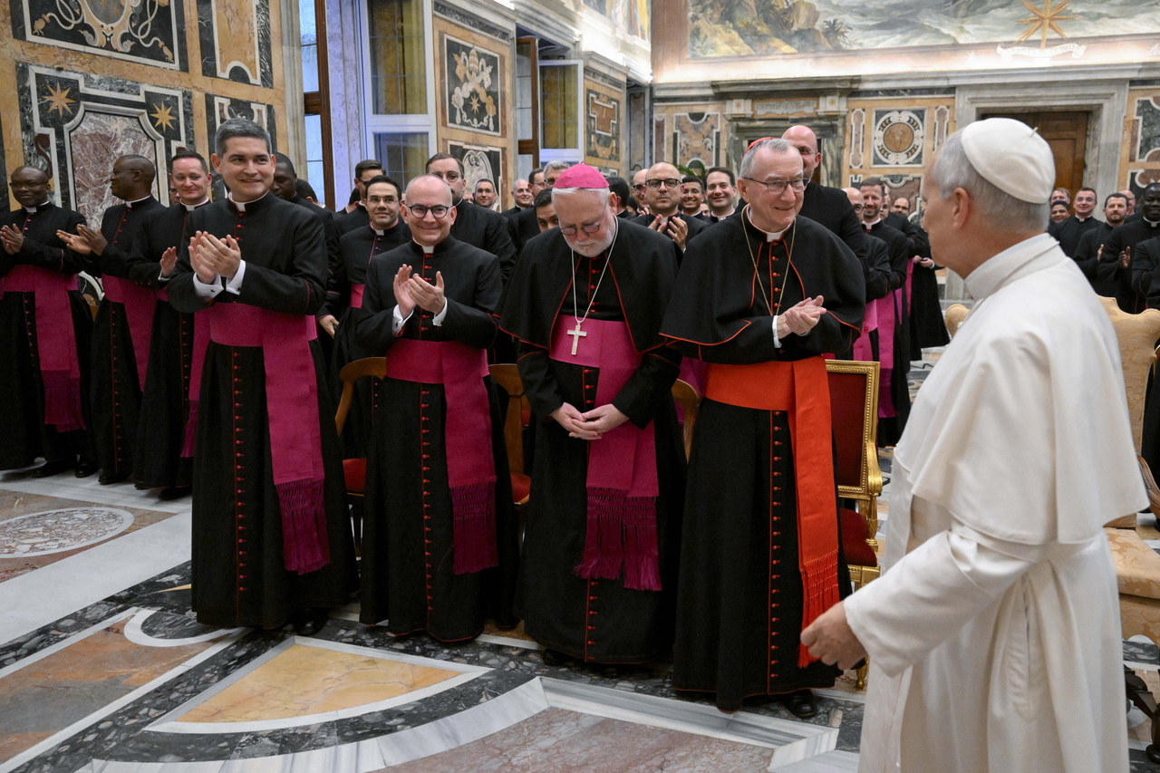 Pope Leo XIV (right) meets with diplomatic collaborators in the Apostolic Nunciatures in Vatican City, Monday.   (EPA-Yonhap)