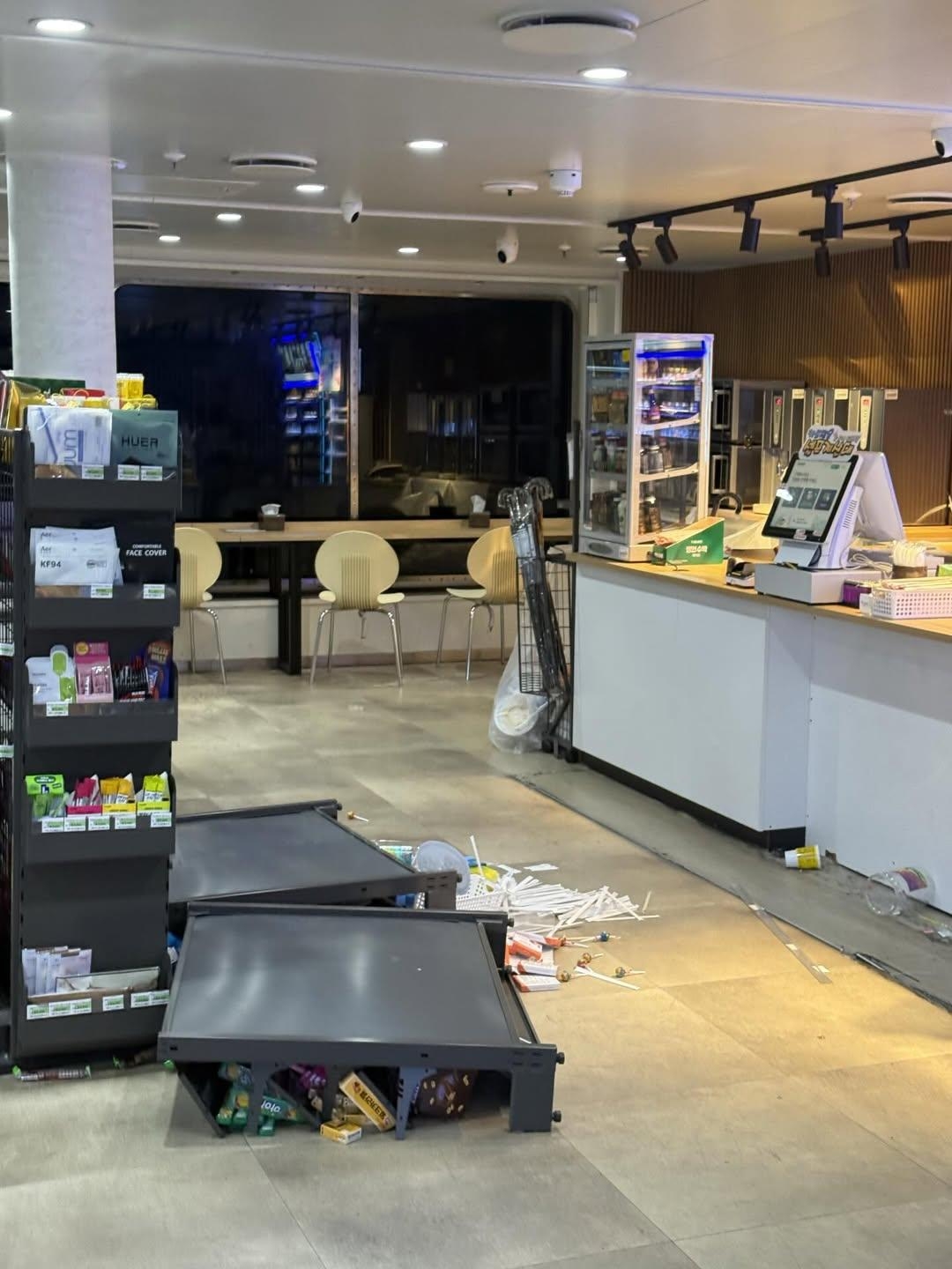 The collision’s force sent shelves crashing down inside the onboard store. (Yonhap)