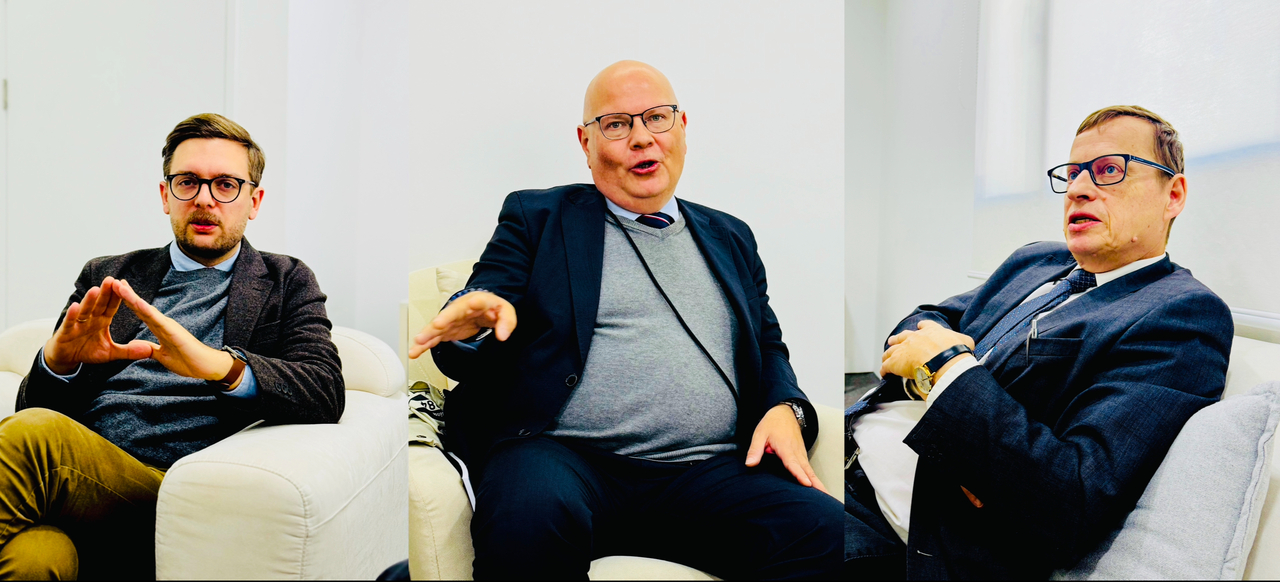 Jakub Jakobowski (left), deputy director of the OSW Center for Eastern Studies, Witold Rodkiewicz (right), analyst at the OSW Center for Eastern Studies. and Marek Menkiszak, head of the Russian Department at the OSW Center for Eastern Studies, speak in an interview with The Korea Herald at Herald Square in Yongsan-gu, Seoul, on Wednesday. (Sanjay Kumar/The Korea Herald)