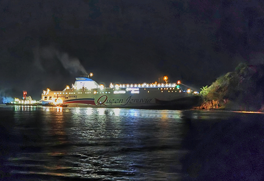 The Queen Jenuvia II ferry is set afloat off the uninhabited islet of Jok near Jangsan Island, off the coast of Sinan, South Jeolla Province, southwestern South Korea, on Thursday, after it ran aground the previous day, in this photo released by the Coast Guard. (Yonhap)