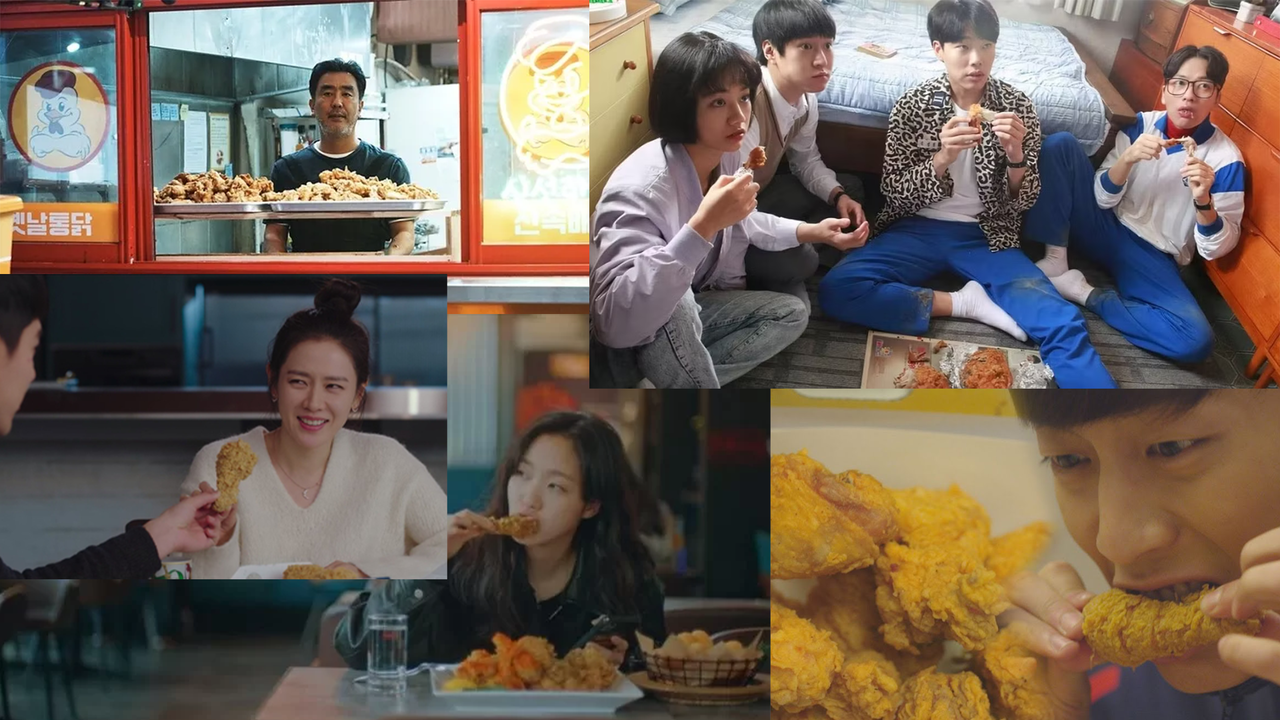 Korean fried chicken is no stranger to avid watchers of Korean TV dramas. Clockwise from top left are "Moving," "Reply 1988," "Let's Eat Together" "The King: Eternal Monarch" and "Crash Landing on You." (Walt Disney Co. Korea, tvN, CJ E&M, SBS)