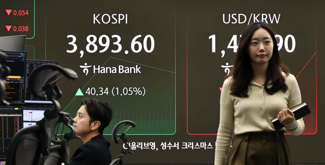 An electronic board showing the Korea Composite Stock Price Index at a dealing room of the Hana Bank headquarters in Seoul on Monday. (Yonhap)