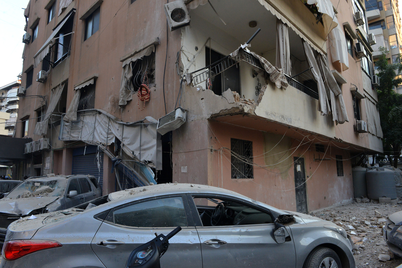 A residential apartment is damaged after an Israeli airstrike in Haret Hreik, Lebanon, Sunday. (Xinhua-Yonhap)