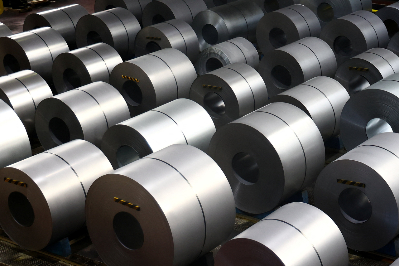Steel coils are displayed at a ThyssenKrupp steel factory in Duisburg, Germany, Nov. 5.   Reuters-Yonhap